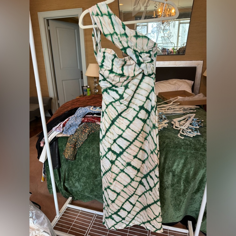 Zara One Shouldered Green & Cream Printed Midi Dress Small